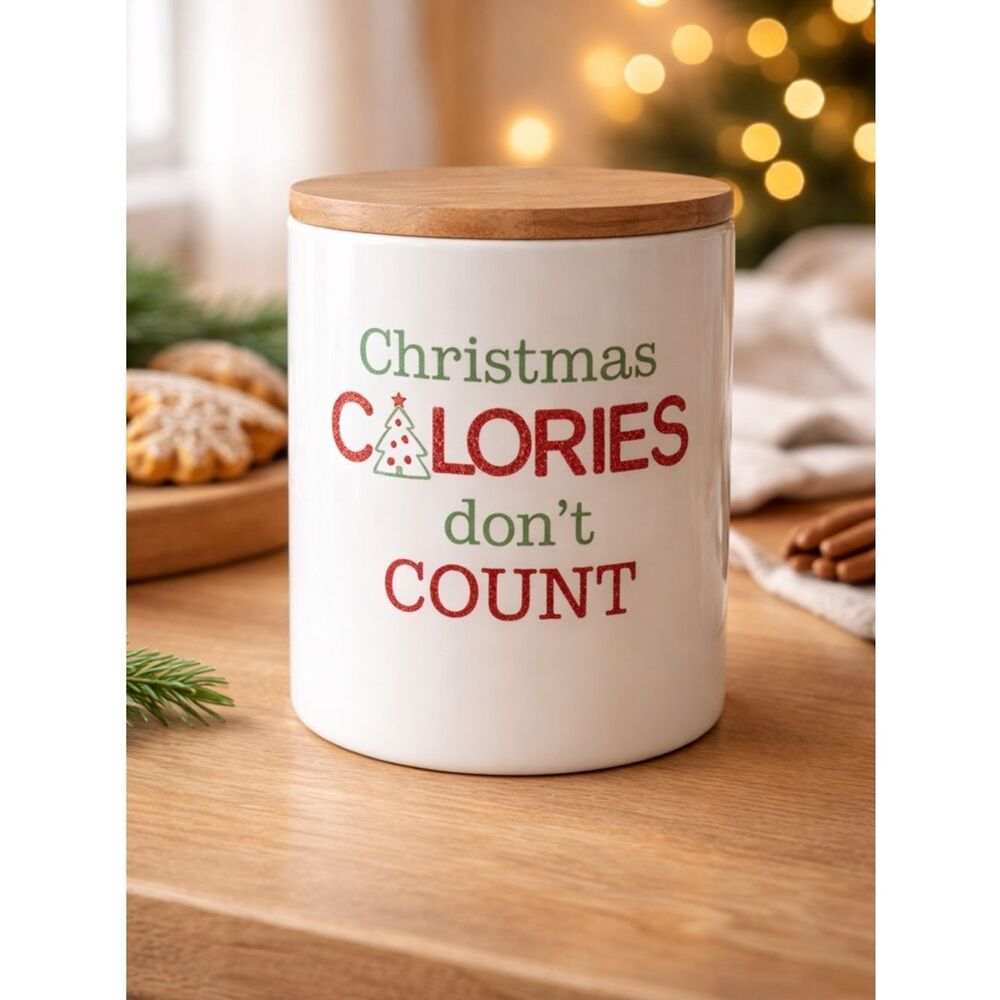 EUC - Genz Ceramic Cookie Jar “Christmas Calories Don’t Count”
